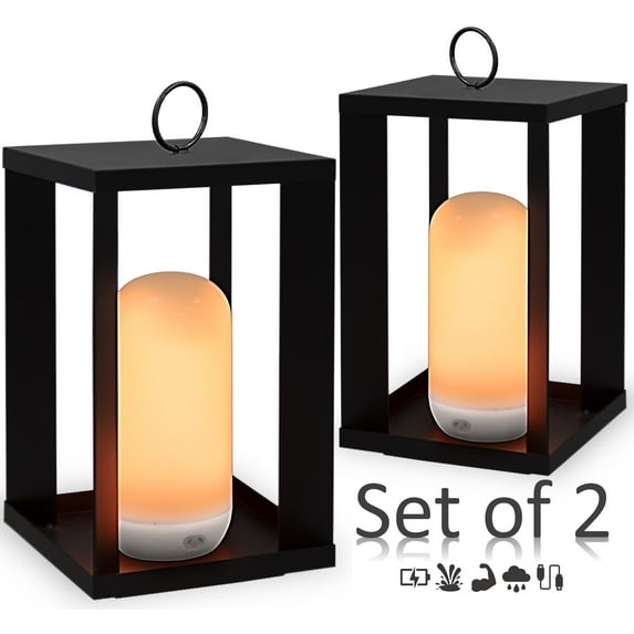 Newgarden Outdoor Hanging Lantern 8" Set of 2 Black with Waterproof LED Flickering Flameless Rechargeable Candle Remote Control
