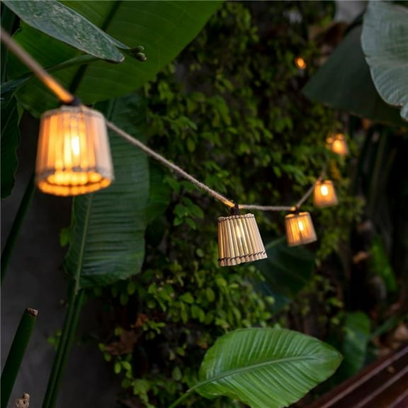 Newgarden Outdoor Shaded String Light Okinawa, Solar, Jute Cable 26 ft 10x 15-Lumen LED Handmade, 2 Watts, Natural Bamboo