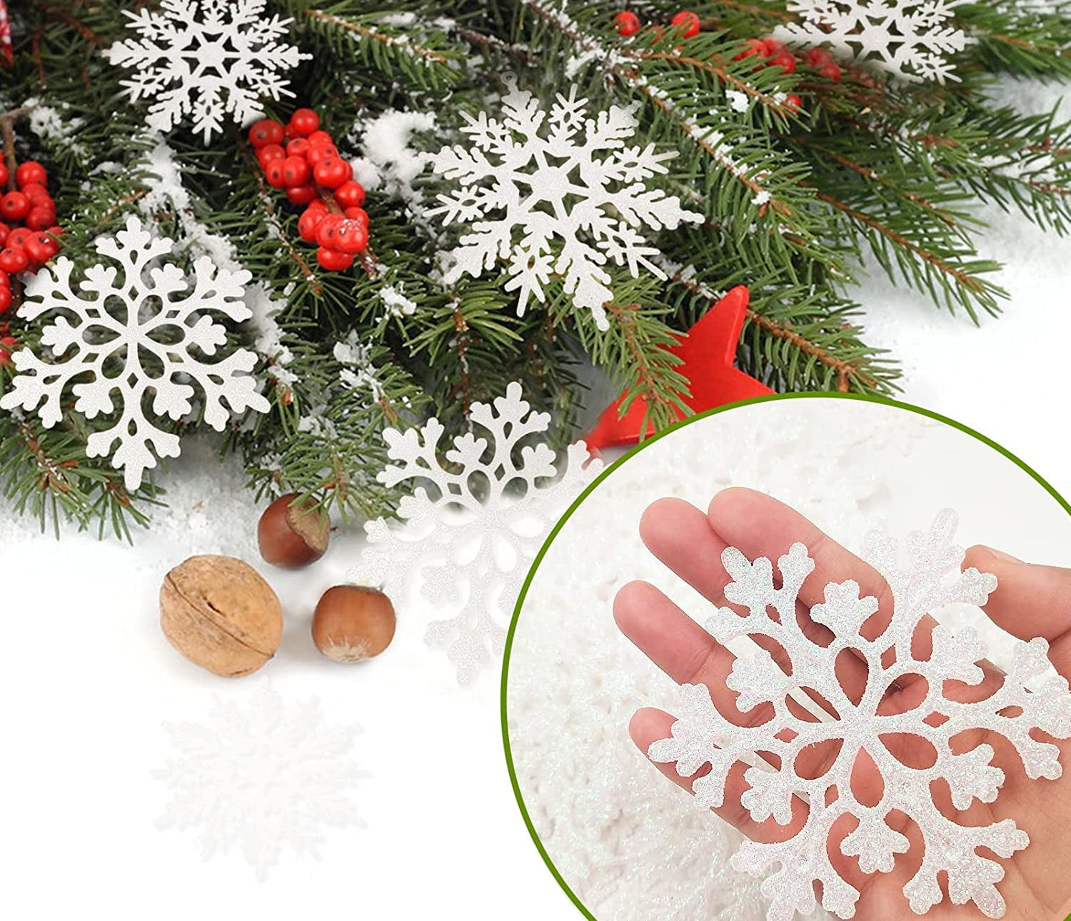 Newhomestyle 36pcs Christmas White Snowflake Ornaments Plastic Glitter Snow  Flakes Ornaments for Winter Christmas Tree Decorations Size Varies Craft