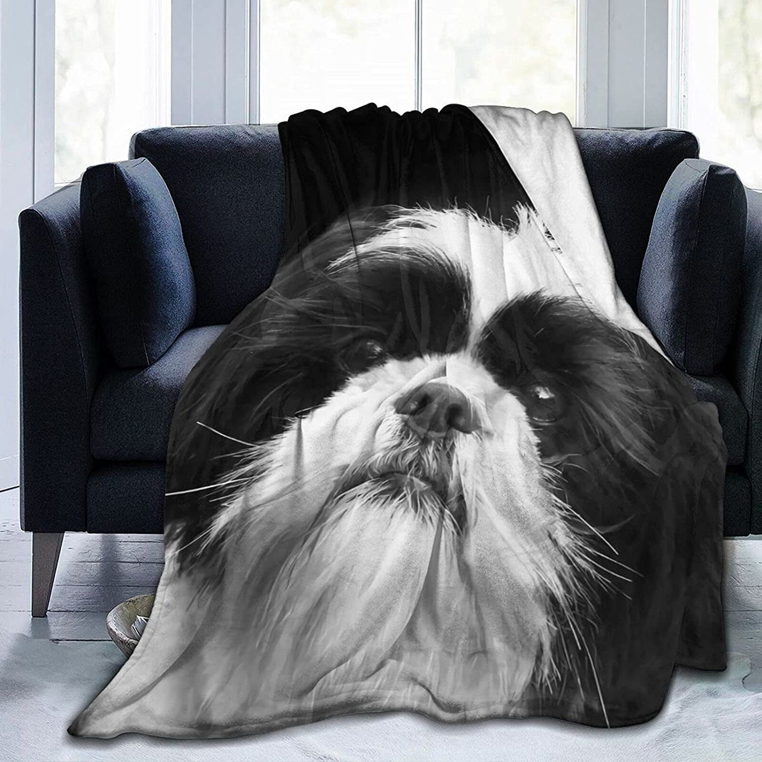 Newhomestyle 3D Flannel Plush Throw Blanket, 60"x50" Black White Shih Tzu Dog Family Pet Cute Animal Pattern, Super Cozy Air Conditioning Blanket