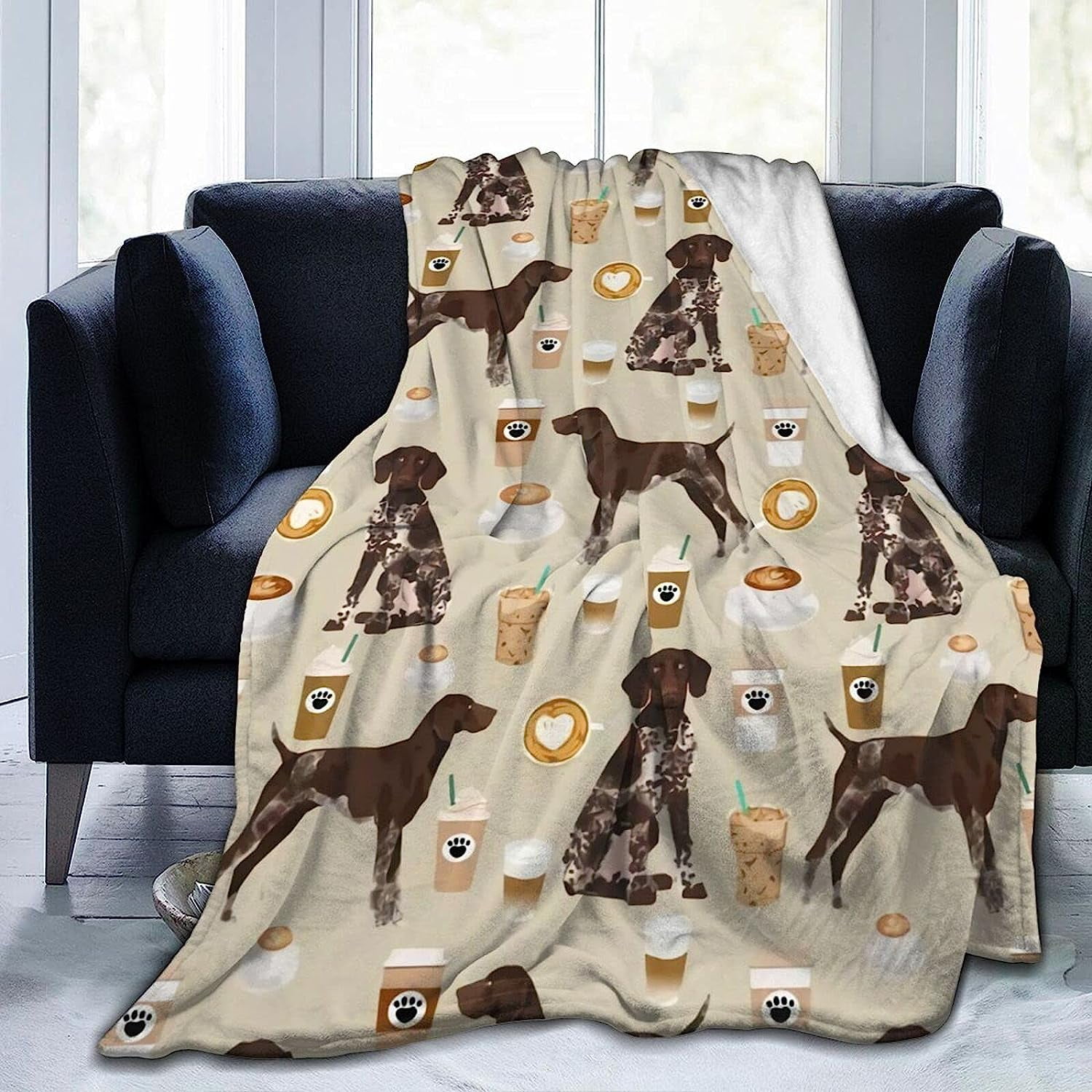 Newhomestyle 3D Flannel Plush Throw Blanket, 60"x50" German Shorthair Pointer Dog Breed Custom Pet Coffee Lover, Super Cozy Air Conditioning Blanket