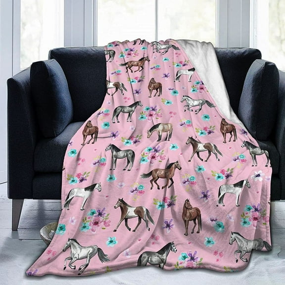 Newhomestyle 3D Flannel Plush Throw Blanket, 60"x50" Horses Flowers Pink Pattern Little Girls Room Watercolor, Super Cozy Air Conditioning Blanket