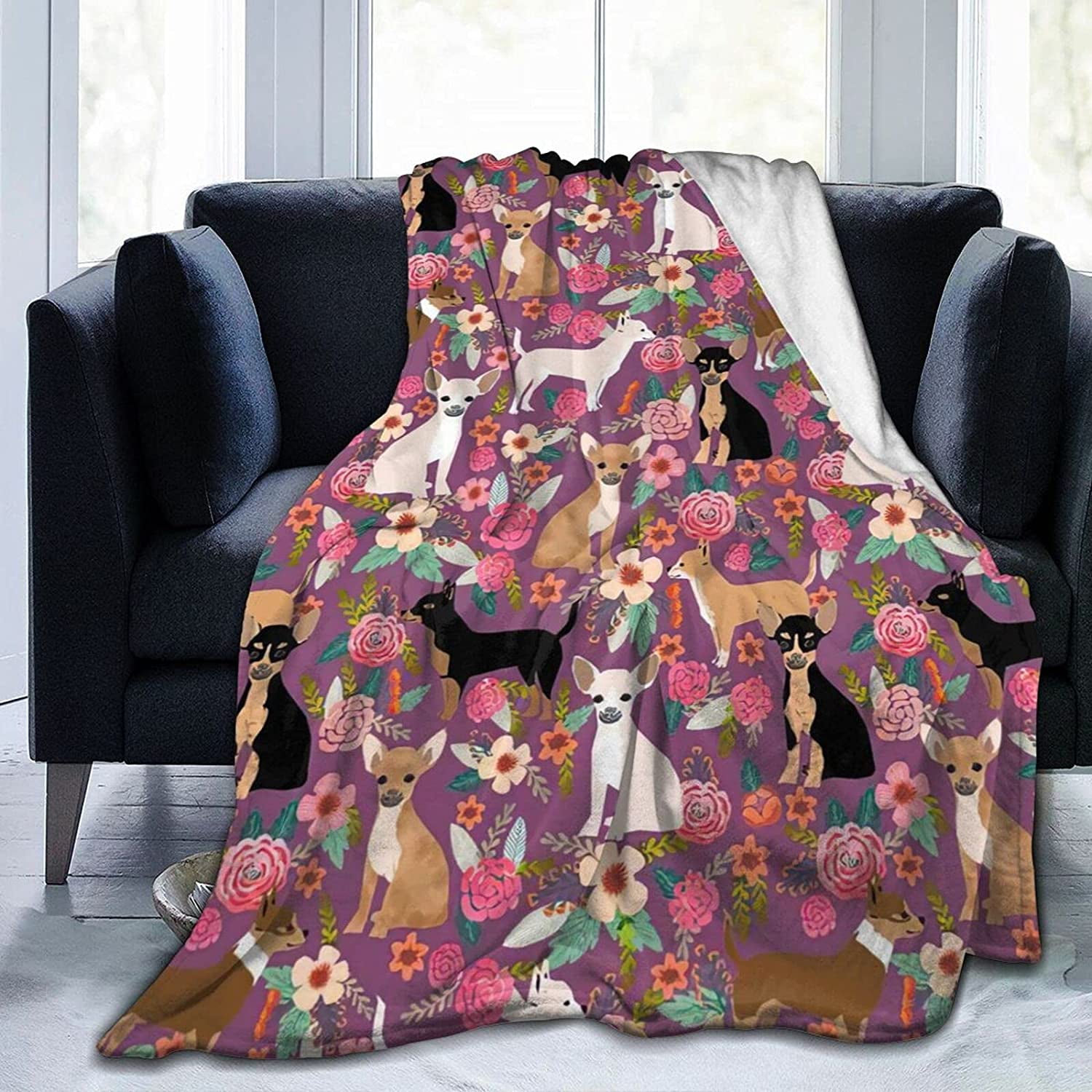 Newhomestyle 3D Flannel Plush Throw Blanket, 80"x60" Chihuahua Dog Breed Floral Pet Gifts Perfect Present Pattern, Super Cozy Air Conditioning Blanket