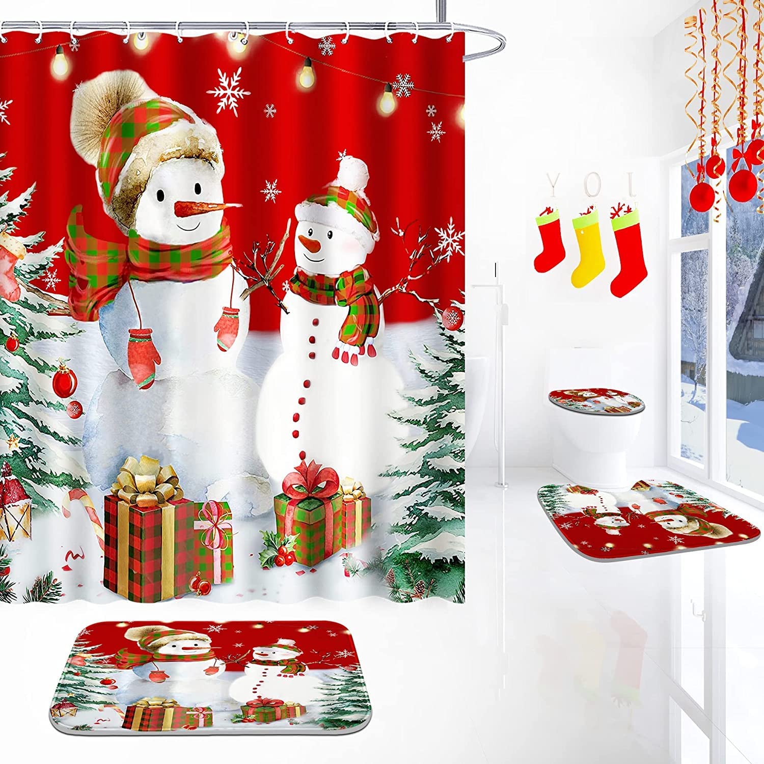 Newhomestyle 4 Pieces Merry Christmas Shower Curtain Set with Rugs