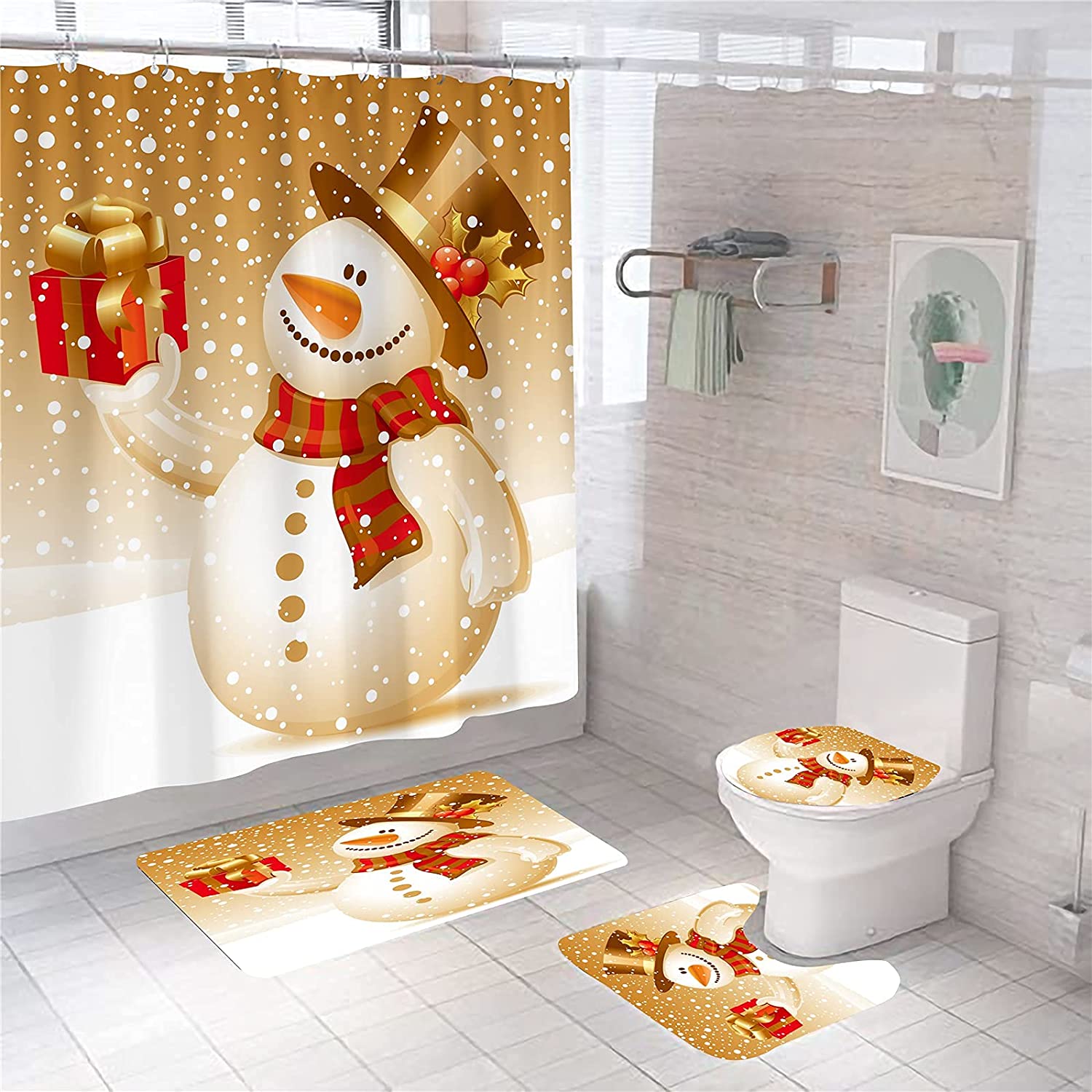 Newhomestyle 4PCS Christmas Snowman Shower Curtain Set with NonSlip