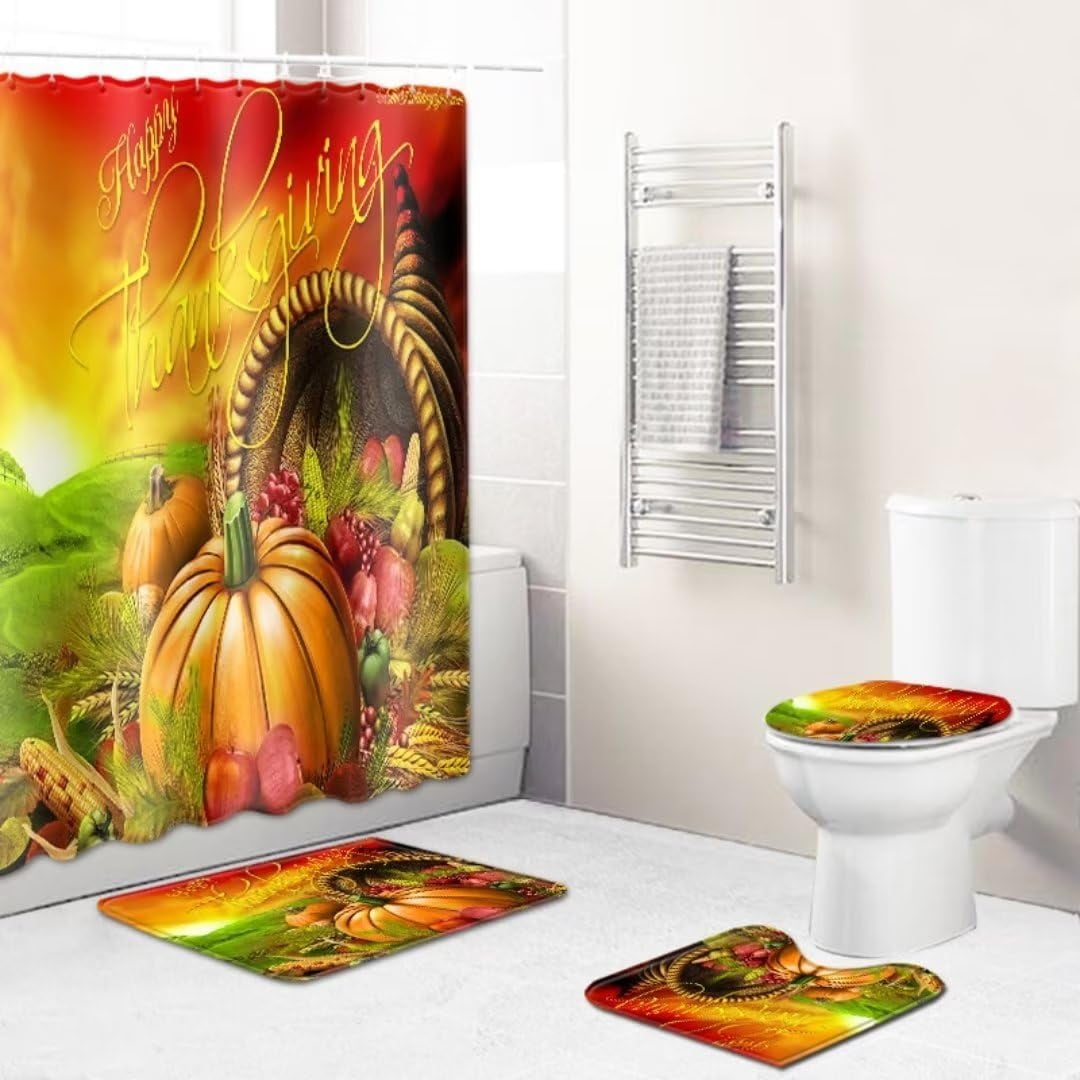 Newhomestyle 4Pcs Thanksgiving Shower Curtain Sets Fall Harvest