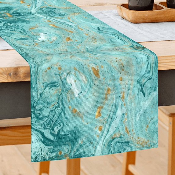 Newhomestyle Abstract Green Teal Marble Table Runner,for Table Center Home Party Wedding Holiday Indoor Outdoor,13x72 inch