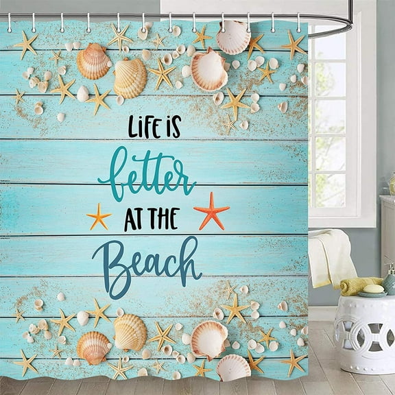 Newhomestyle Beach Starfish Seashell on Turquoise Rustic Wood Shower Curtain Polyester, 72X72 inch