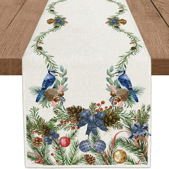 Newhomestyle Blue Jay Linen Table Runner Winter Xmas Pine Merry Christmas Table Runner 13x72 inch