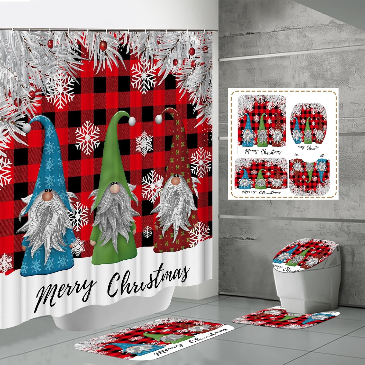 Newhomestyle Christmas Bathroom Sets with Shower Curtain and Rugs