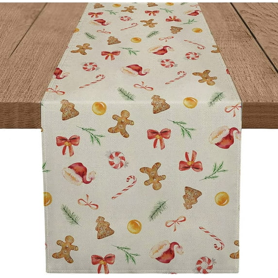 Newhomestyle Christmas Candy Cane Gingerbread Table Runner for Home Party Decorations 13x72inch