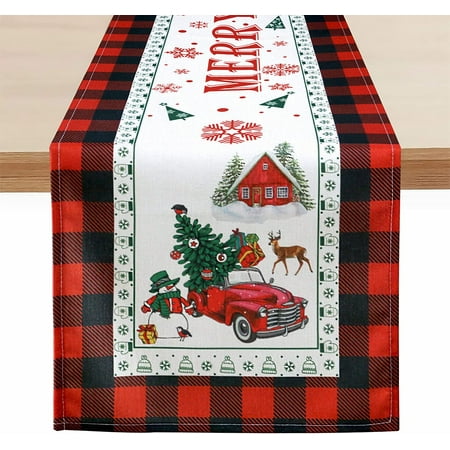 Newhomestyle Christmas Runner for Table Runners, Snowman Elk Christmas Trees Truck Buffalo Plaid Red Farmhouse Xmas Table Decor Winter Holiday Table Runner 13x72 Inches