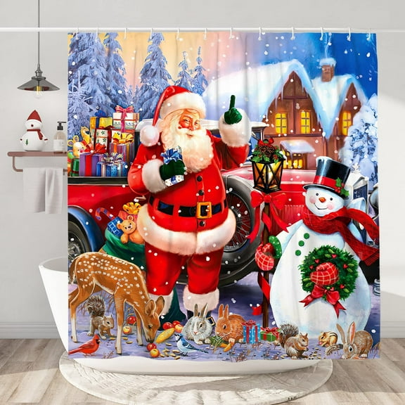 Newhomestyle Christmas Santa Claus Snowman Polyester Shower Curtain for Holiday Bathroom Decor 72x72