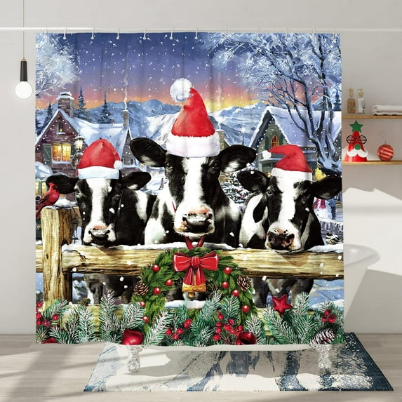 Newhomestyle Christmas Shower Curtain for Bathroom Rustic Cow Shower Curtain Funny Farmhouse Christmas Bathroom Decor Holiday Decorations 72x 72 inches