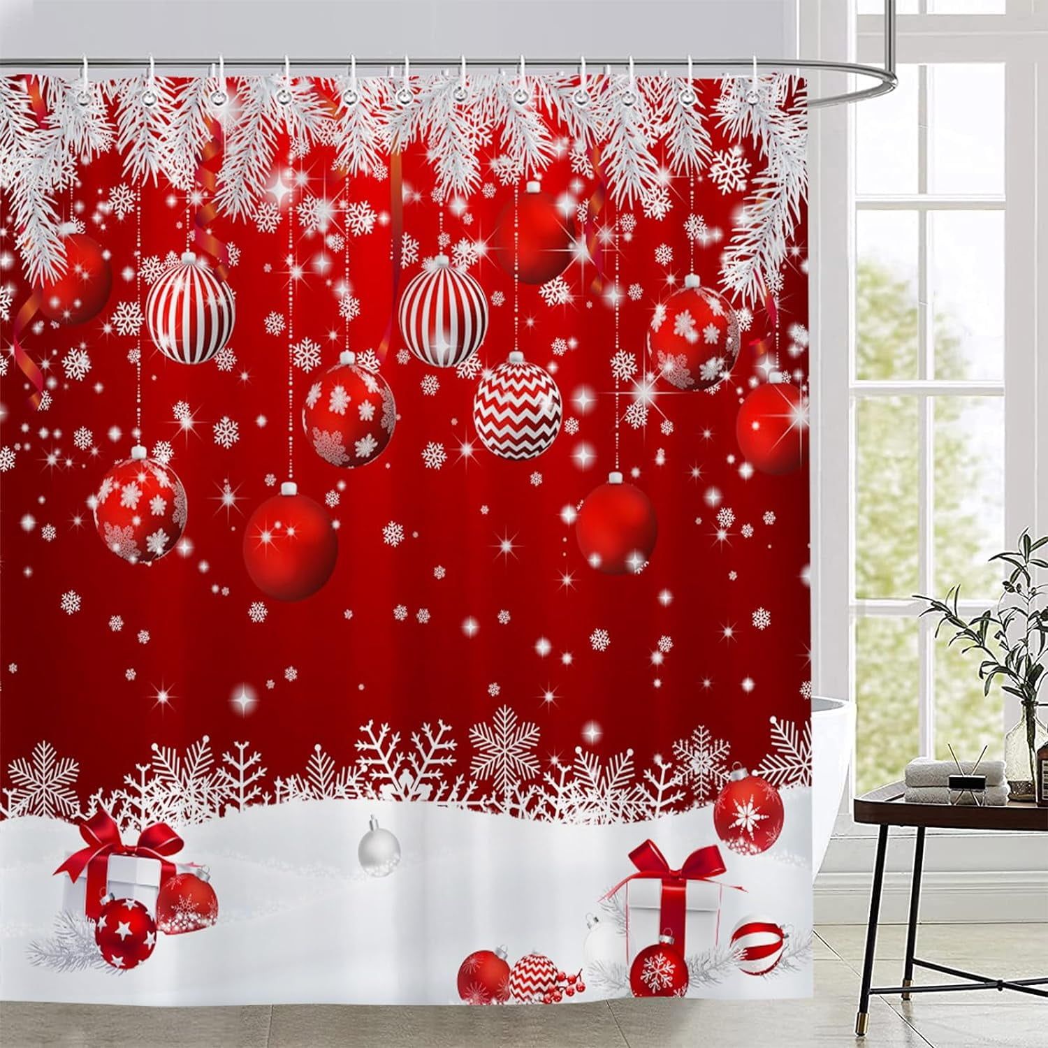 Newhomestyle Christmas Shower Curtain Red Christmas Ball Winter