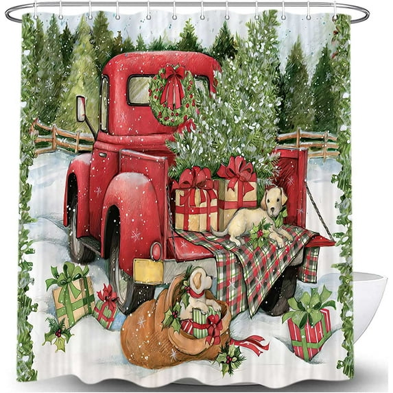Newhomestyle Christmas Shower Curtain, Vintage Red Truck Car Snowflake Xmas Tree Cute Dog Gift Farmhouse Polyester Fabric Waterproof Bath Curtain, 72 x 72inch