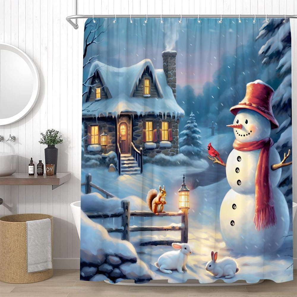 Newhomestyle Christmas Shower Curtain Winter Farmhouse Snowman Squirrel