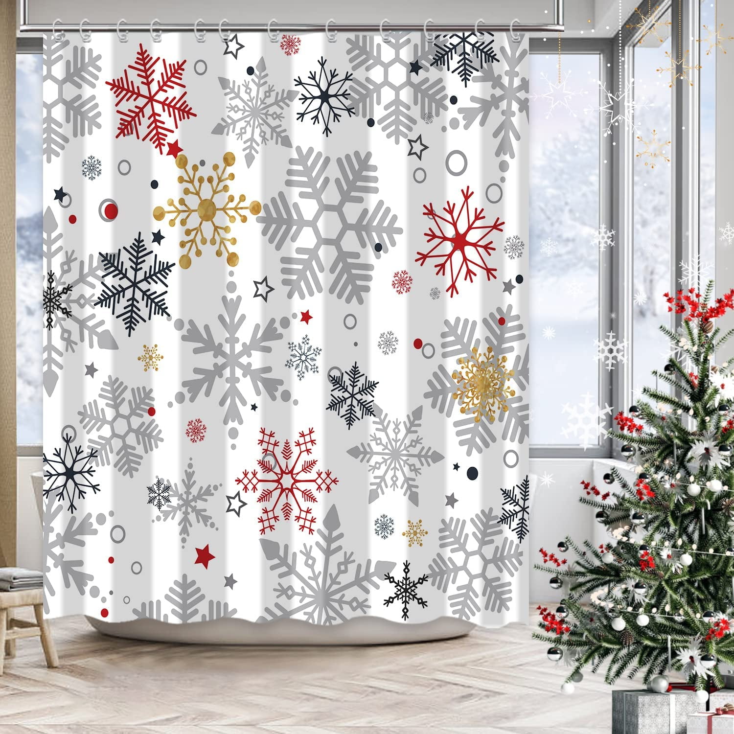 Newhomestyle Christmas Shower Curtain Winter Snowflakes Shower Curtain