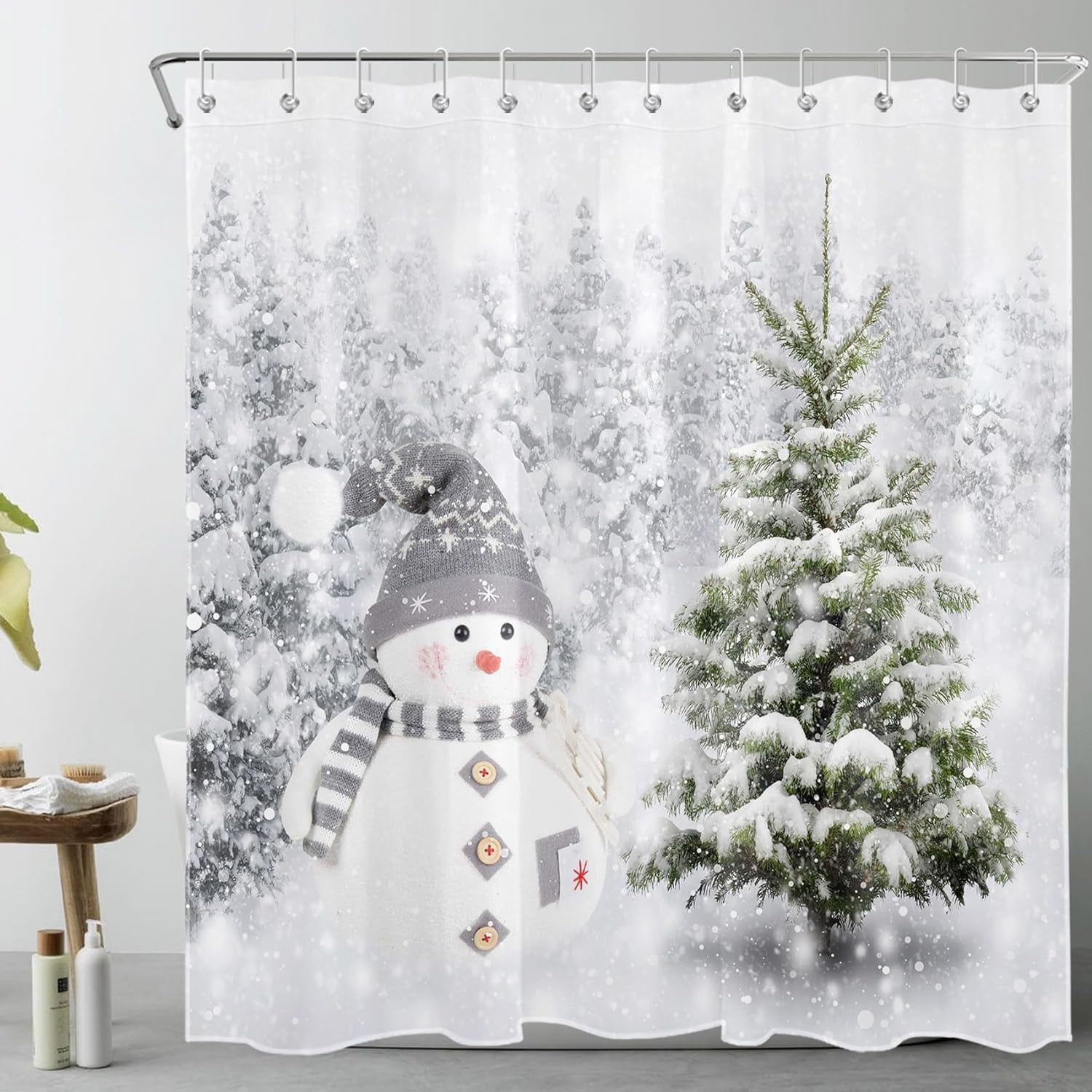 Newhomestyle Christmas Snowman Shower Curtain for Bathroom Pine Tree