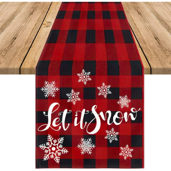 Newhomestyle Christmas Table Runner, Red and Black Buffalo Plaid Let It Snow Rustic Christmas Table Runner for Christmas Holiday Birthday Party Table Home Decoration 13 x 72 Inch