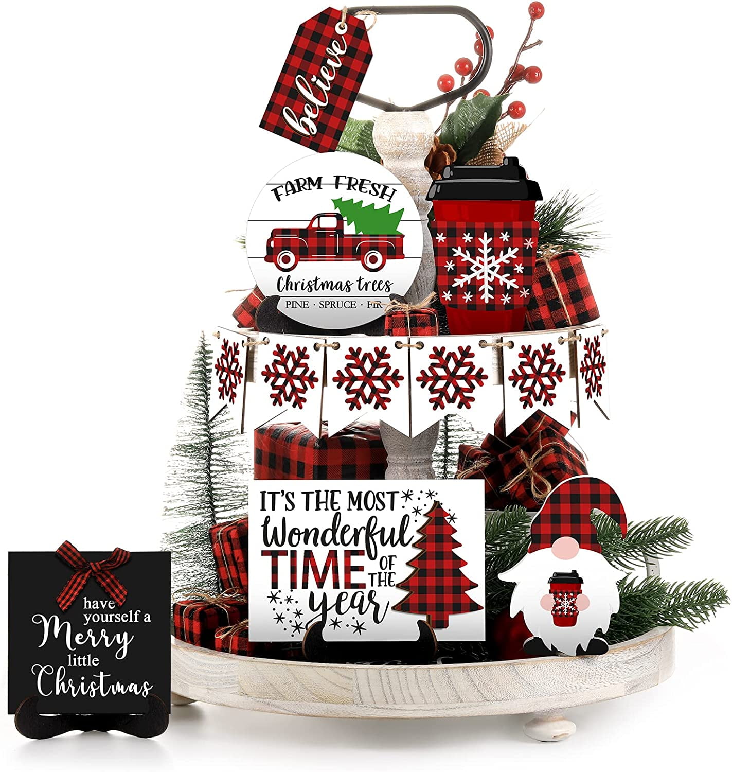 Newhomestyle Christmas Tiered Tray Decor 12 Pcs Wooden Signs Table ...