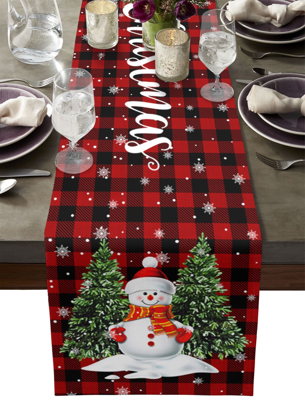 Newhomestyle Christmas Tree Table Runner Buffalo Plaid Snow Man Table