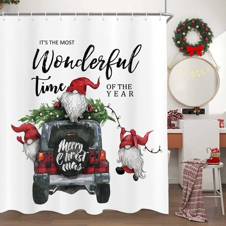 Newhomestyle Christmas Trees Truck Gnome Shower Curtain, Cute Elf Tree Black Red Buffalo Plaids Rustic Truck Shower Curtain for Bathroom 72x72 inches