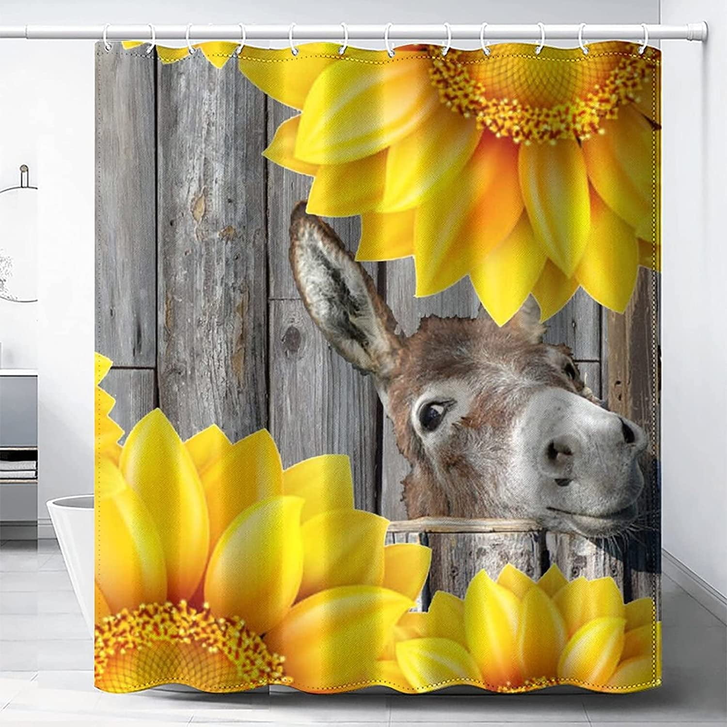 Sunflower Shower Curtain, Yellow Sunflower on Rustic Wooden Bath