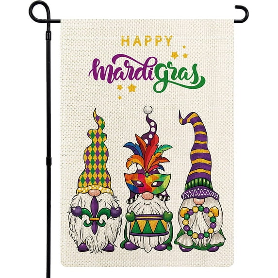 Newhomestyle Happy Mardi Gras Gnome Garden Flag Double Sided New Orleans Holiday Party Yard Outdoor Decoration 12x18 Inch