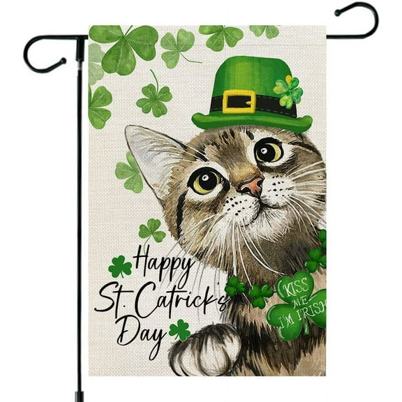 Newhomestyle Happy St Patricks Day Cat Garden Flag 12x18 Inch Double Sided for Outside Small Burlap Green Shamrocks Clovers Hat Yard Holiday Flag