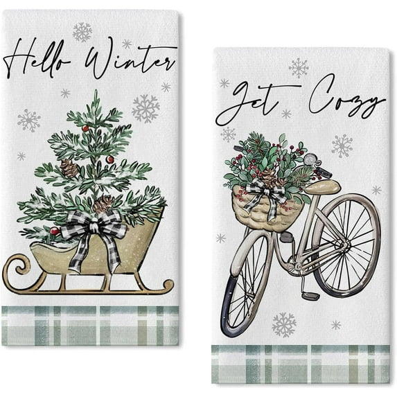 Newhomestyle Hello Winter Bike Sleigh Kitchen Dish Towels Set of 2, Get Cozy Bicycle Christmas Tree Berry Hand Towels Drying Baking Cooking Cloth, Plaid Bow Holiday Farmhouse 16x24 inch