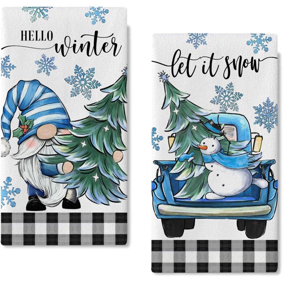 Newhomestyle Hello Winter Gnome Kitchen Dish Towels Set of 2, Let It Snow Christmas Tree Blue Truck Snowman Hand Towels Drying Baking Cooking Cloth, Snowflake Farmhouse Holiday 16x24 inch