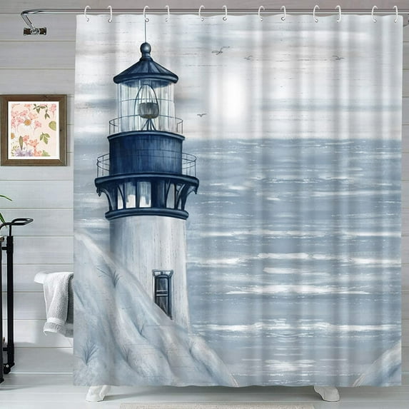 Newhomestyle Lighthouse Nautical Seascape Shower Curtain Polyester with 12 Hooks 72x72in