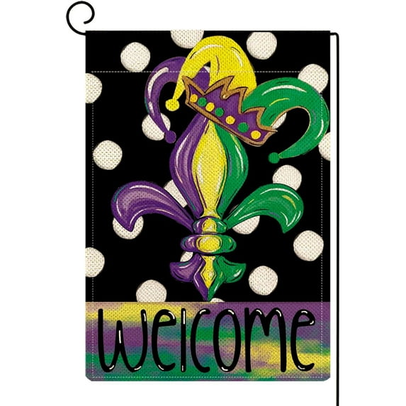 Newhomestyle Mardi Gras Fleur de Lis Welcome Garden Flag 12 x 18 Inch Vertical Double Sided Polka Dot New Orleans Carnival Celebration Holiday Party Yard Farmhouse Outdoor Decoration