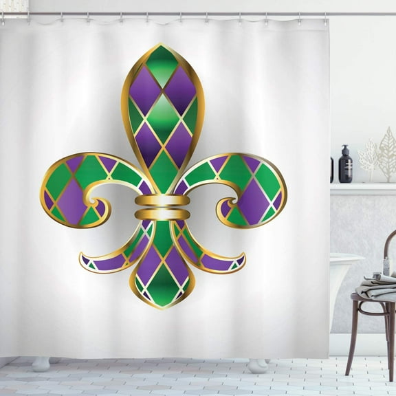 Newhomestyle Mardi Gras Shower Curtain, Golden Yellow Colored Lily with Diamond Shapes Royalty Theme,with Hooks 72" W x 72" L