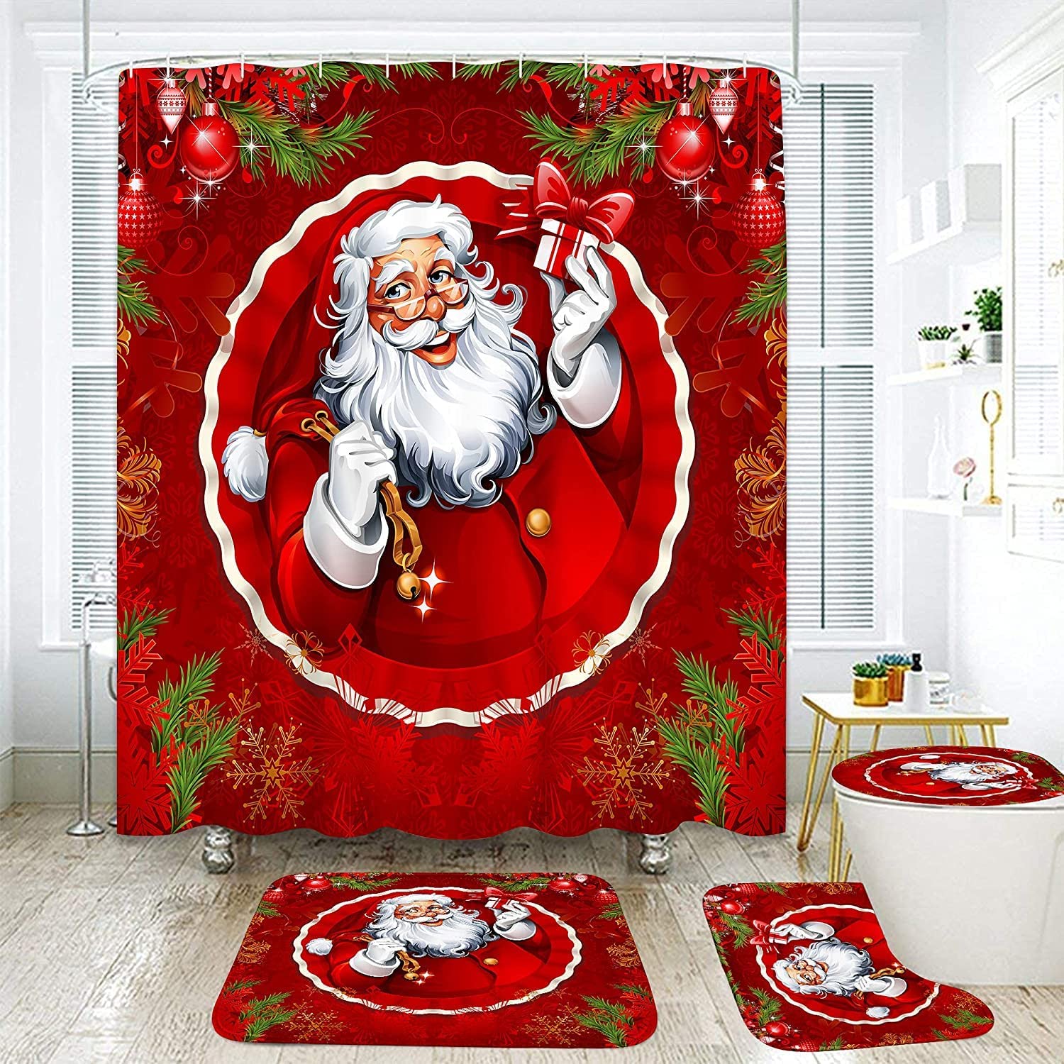 Newhomestyle Merry Christmas Bathroom Sets with Shower Curtain and Rugs