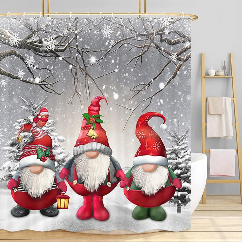 Newhomestyle Merry Christmas Gnomes Shower Curtain, Pine Tree with Snow
