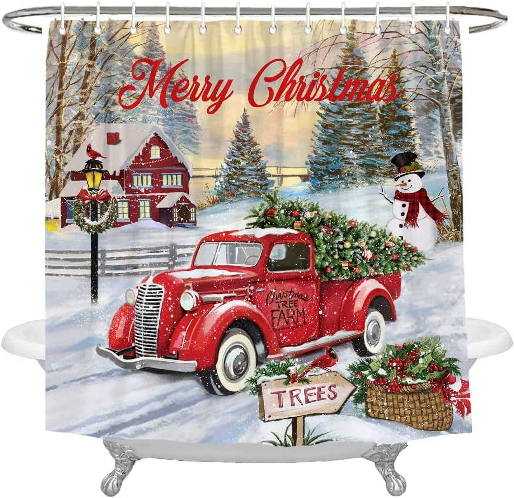 Newhomestyle Merry Christmas Red Vintage Truck Shower Curtain Tree
