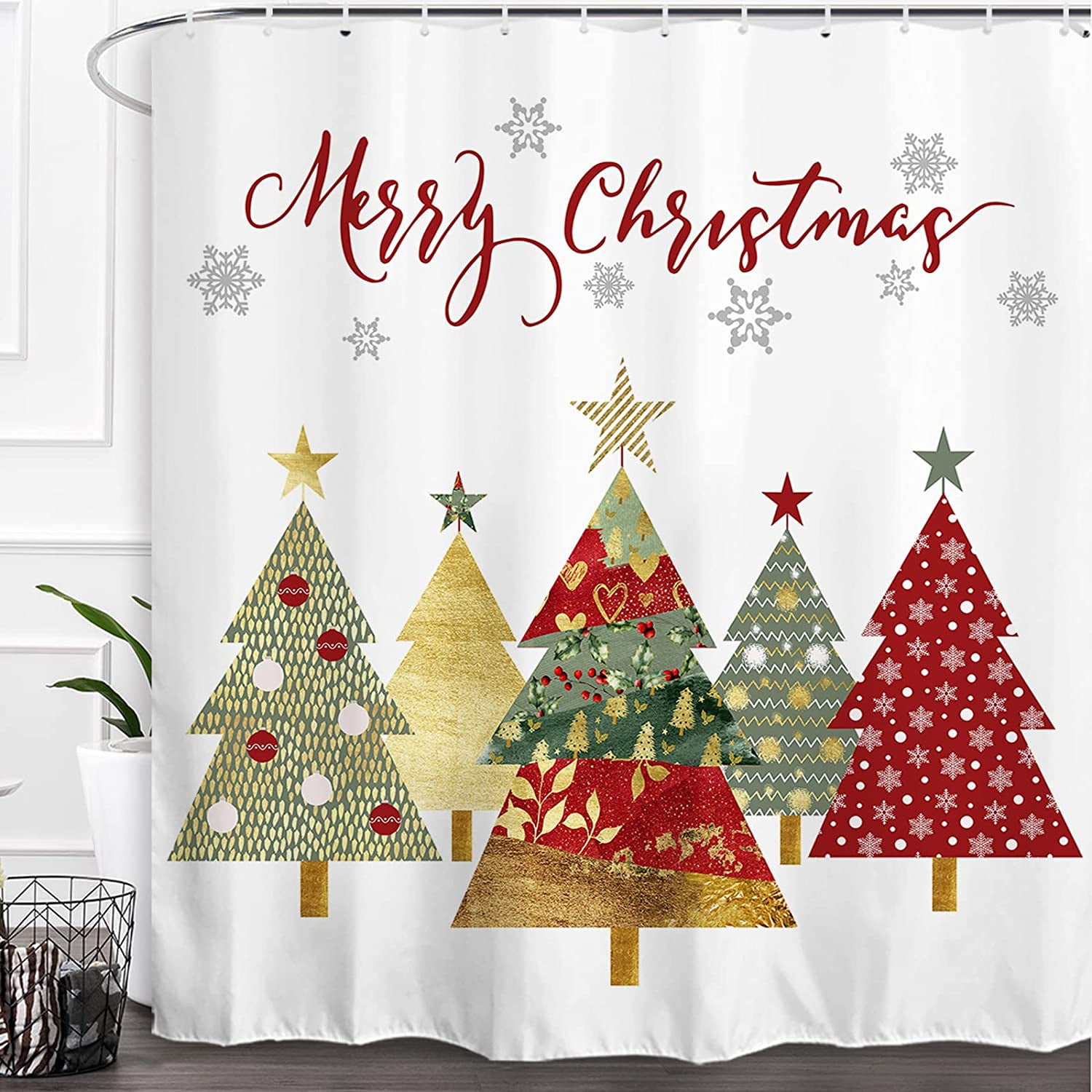 Newhomestyle Merry Christmas Shower Curtain Gold Boho Christmas Tree Pine Tree Snowy Scenery ...