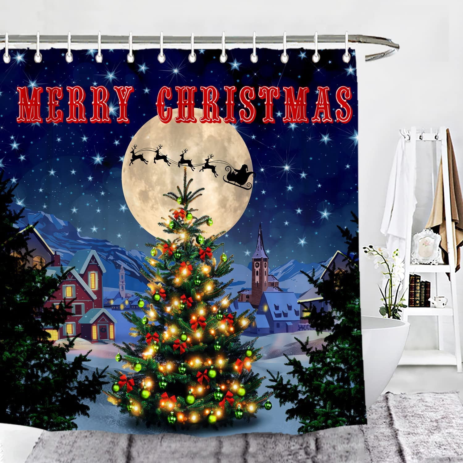 Merry Christmas Shower Curtain 72x72 – Buffalo Plaid & Trees Holiday Bathroom Decor With 12 Hooks, Waterproof Polyester