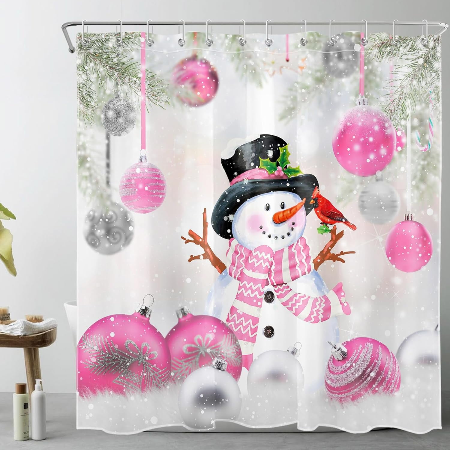 Newhomestyle Pink Christmas Shower Curtain for Bathroom Xmas Balls and