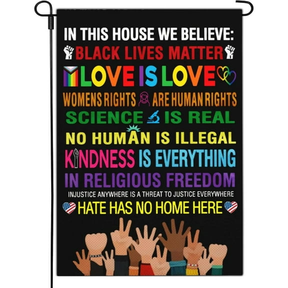 Newhomestyle Pride Garden Flags for Outside, In This House We Believe Science is Real Black Lives Matter Love is Love Yard Sign Linen Garden Flag for Outdoor Decorations 12x18 inch