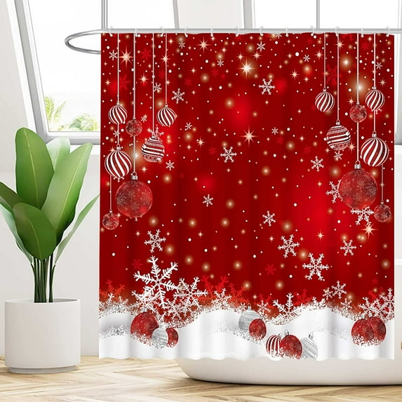 Newhomestyle Red Christmas Snowflakes Shower Curtain Xmas Glitter Sparkle Bokeh Bathroom Bathtubs Decor Easy Care Washable Durable 72x 72 Inches
