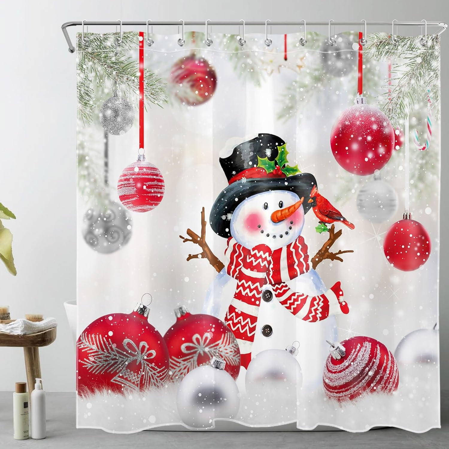 Newhomestyle Red Christmas Snowman Shower Curtain for Bathroom Xmas