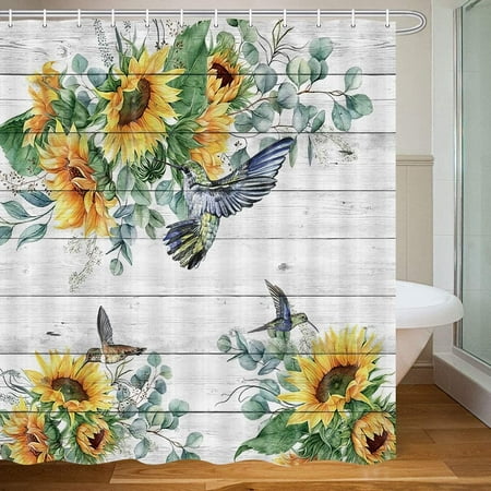 Newhomestyle Rustic Farmhouse Sunflower Shower Curtain, Country Floral Hummingbird Botanical Plant Leaves On Gray Wooden Fabric Shower Curtains 72x72 inches