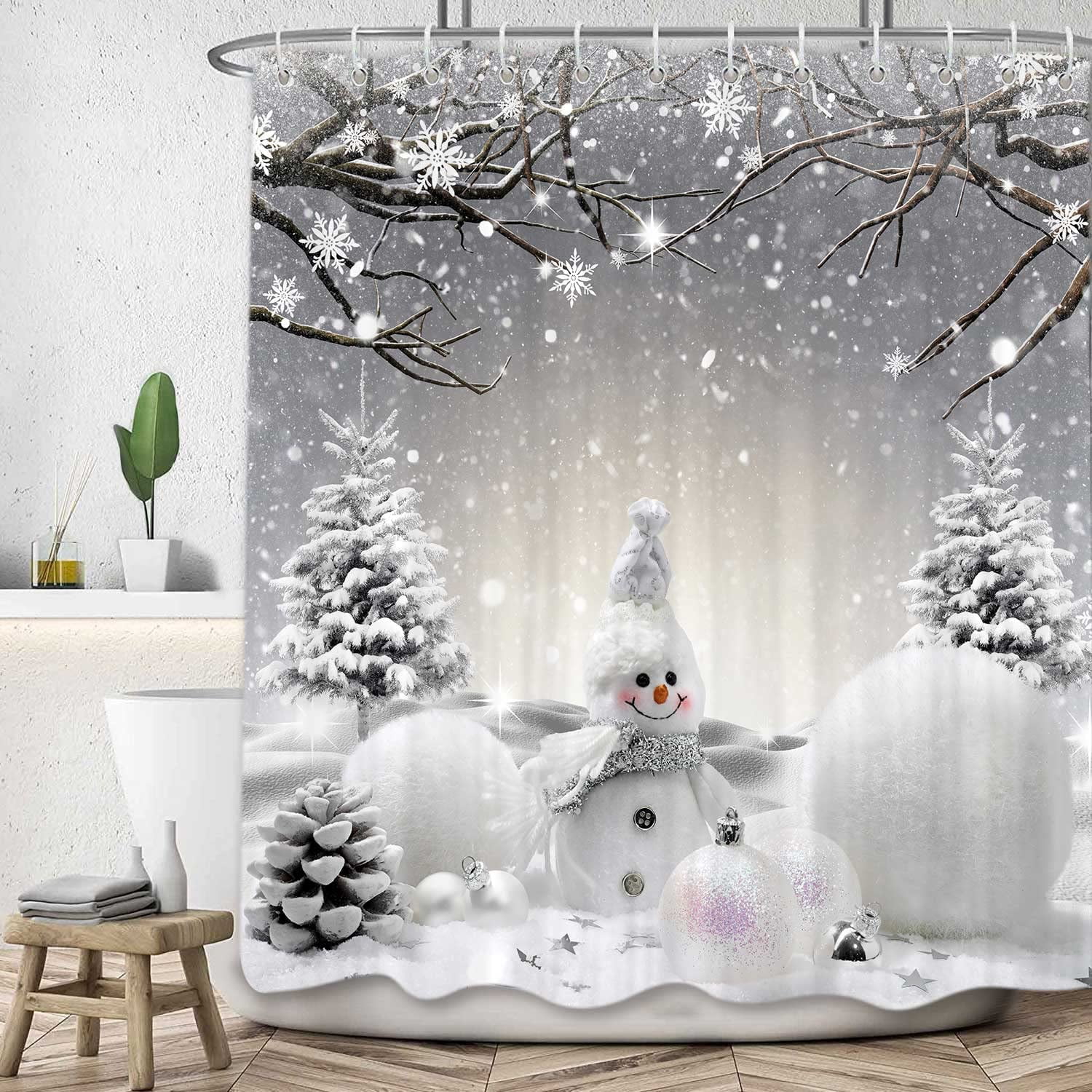 Newhomestyle Snowman Shower Curtain Grey Winter Snowflake Holiday Xmas Fabric Shower Curtains Set for Bathroom 72x72 inches
