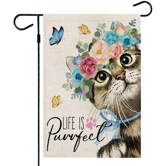 Newhomestyle Spring Cat Garden Flag Floral Life Is Perfect 12×18 Inch Double Sided Vertical Summer Outside Holiday Yard Decor