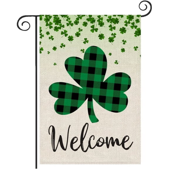 Newhomestyle St Patrick's Day Garden Flag Shamrock Clover Welcome，Happy Saint Patty's Day Irish Small Mini Burlap Yard Flag 12x18 inch
