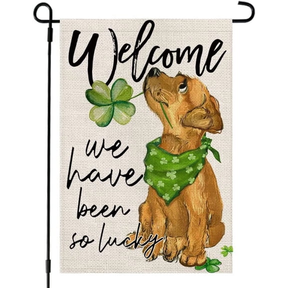 Newhomestyle St Patricks Day Dog Garden Flag 12x18 Inch Double Sided for Outside Small Burlap Green Shamrocks Clovers We Have Been So Lucky Welcome Yard Holiday Decoration