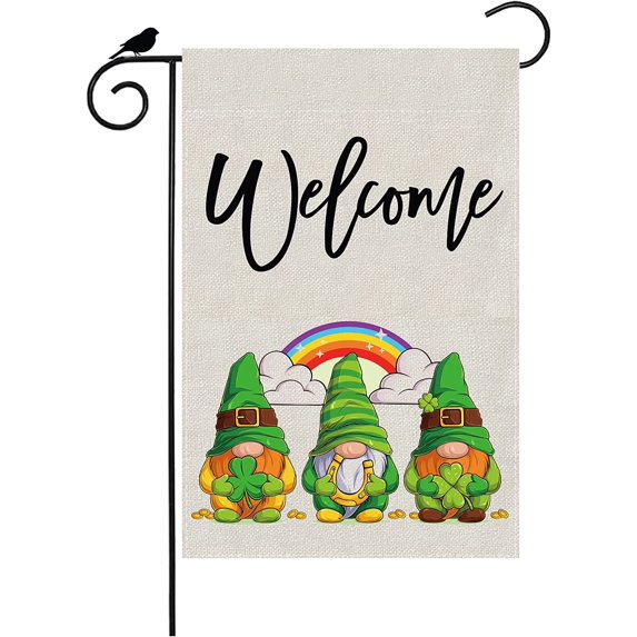 Newhomestyle St Patricks Day Garden Flag Welcome Gnomes Lucky Clover 12×18 Inch Vertical Double Sided Small Yard Flag Spring Holiday Garden Outdoor Decorations
